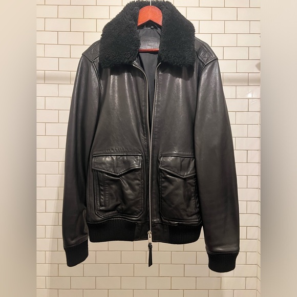 Allsaints Phoenix Leather Bomber Jacket Shearling Collar Small Pre-Owned A2 G1 - Picture 2 of 5
